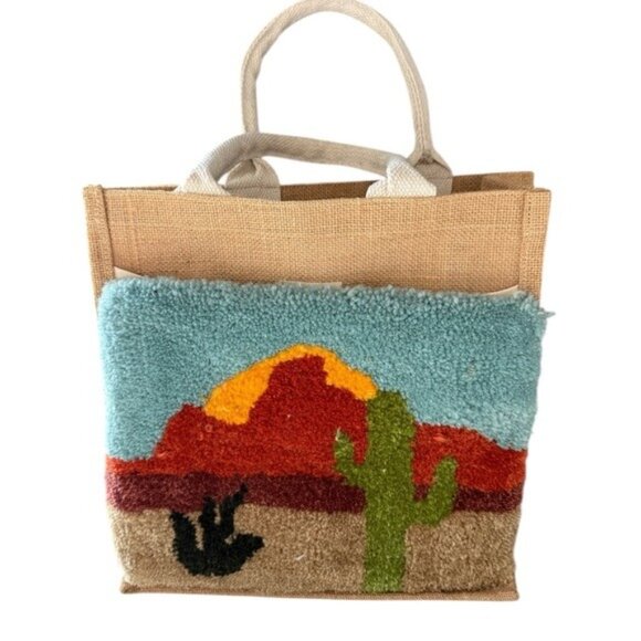 N/A Other - Handmade Jute Tote Bag With Desert Scene Design Durable & Eco-Friendly